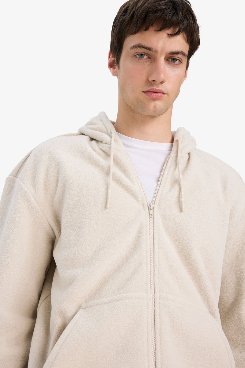 DeFacto Beige Man Boxy Fit Hooded Zippered Fleece Sweatshirt Casual - Image 4